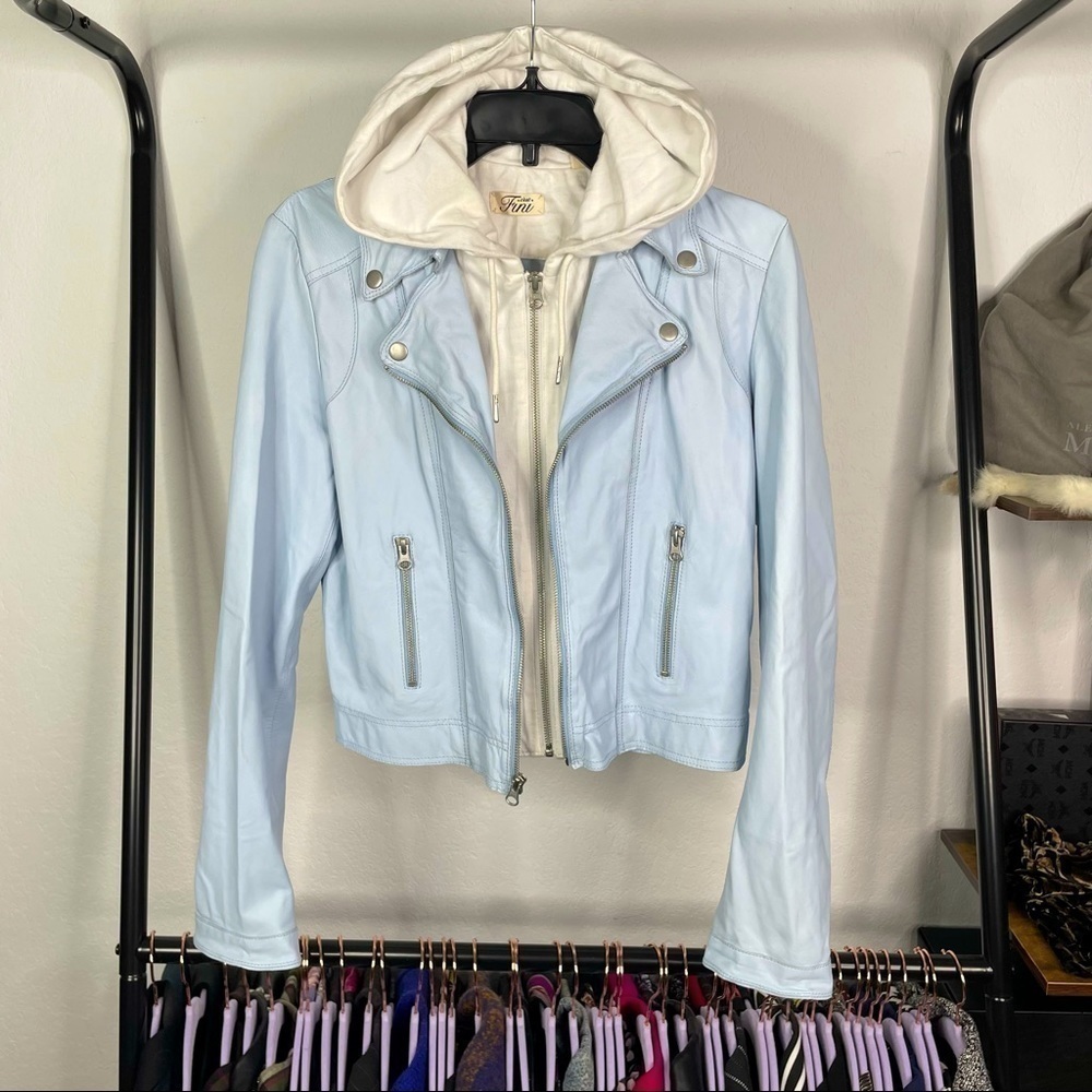 C’est Fini Pastel Powder Blue Leather Moto Jacket